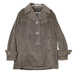 Jones New York Wool Blend Coat Womens 12 Olive Green Brown Angora Peacoat READ